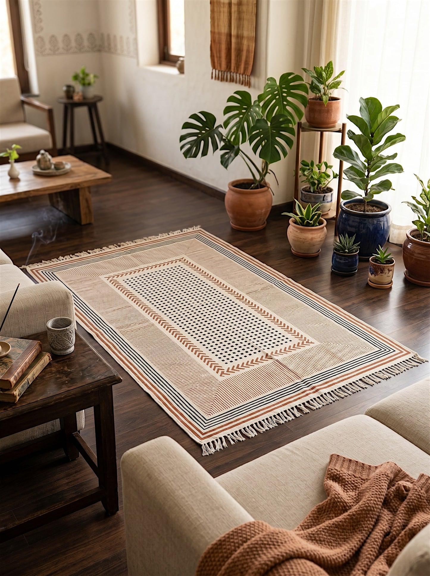 Block Printed Light Orenge Cotton Dhurrie