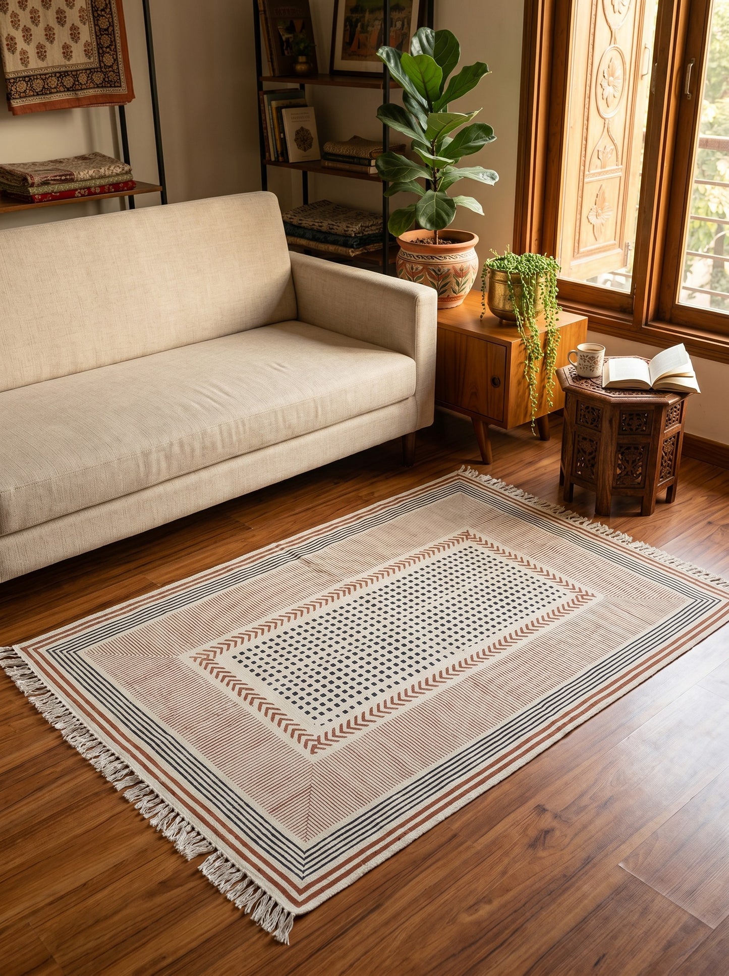 Block Printed Light Orenge Cotton Dhurrie