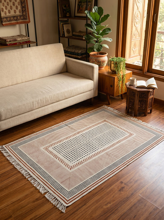 Block Printed Light Orenge Cotton Dhurrie