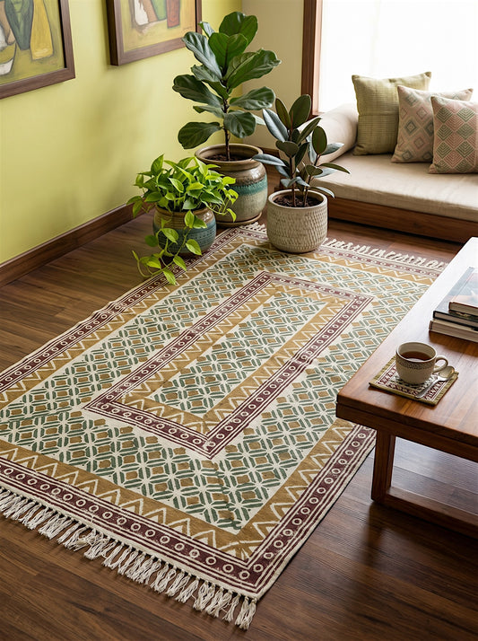 Block Printed Ocra Green Cotton Dhurrie