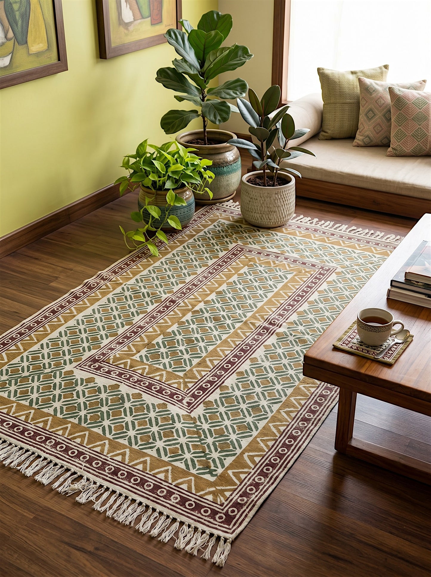 Block Printed Ocra Green Cotton Dhurrie