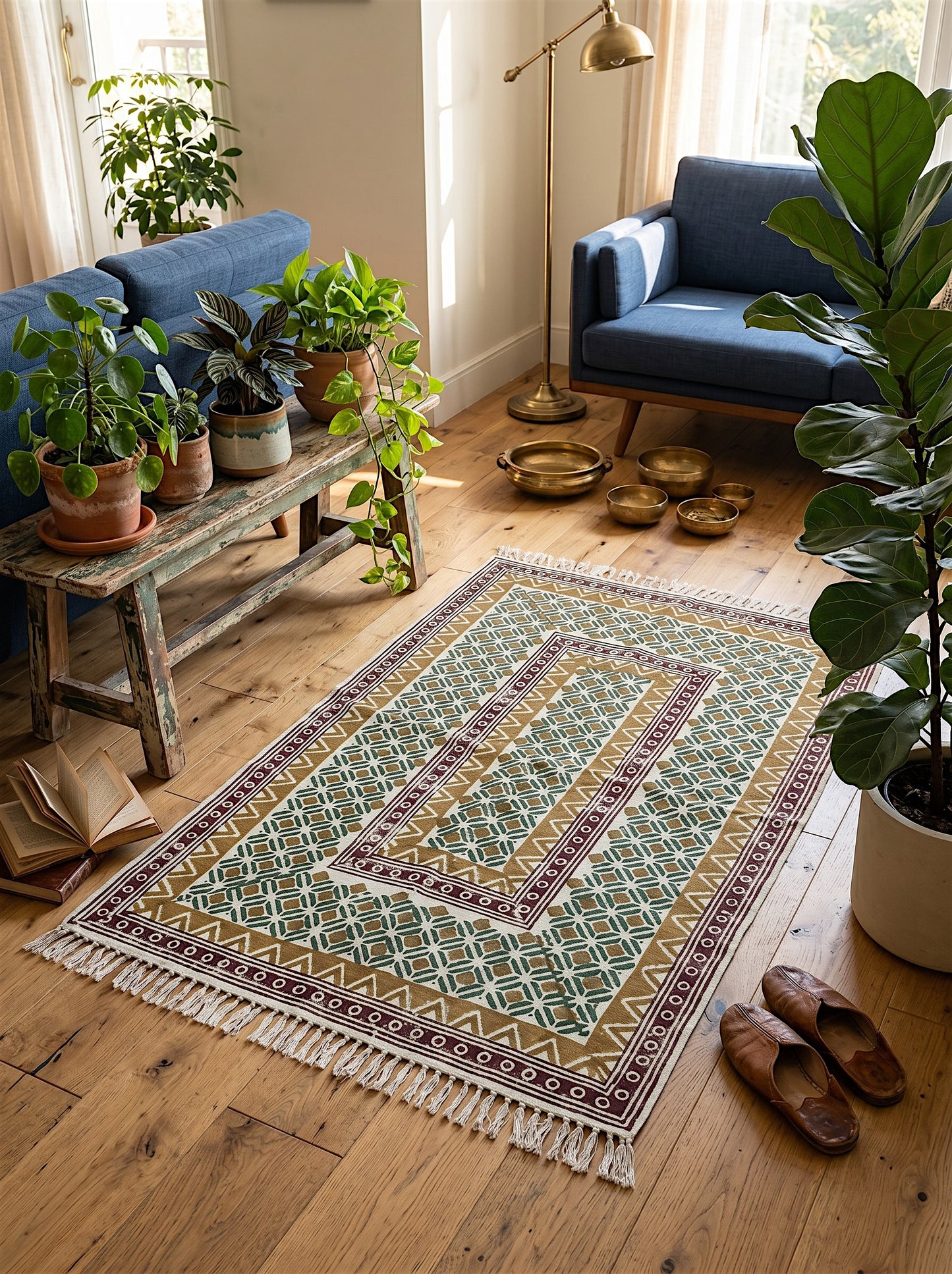 Block Printed Ocra Green Cotton Dhurrie