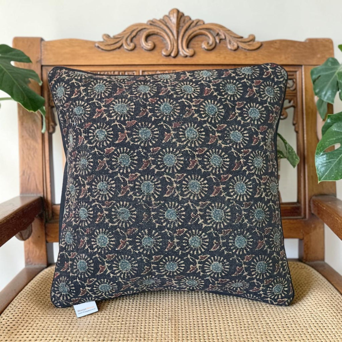 Black Indigo Ajrakh Dhurrie Cushion Cover