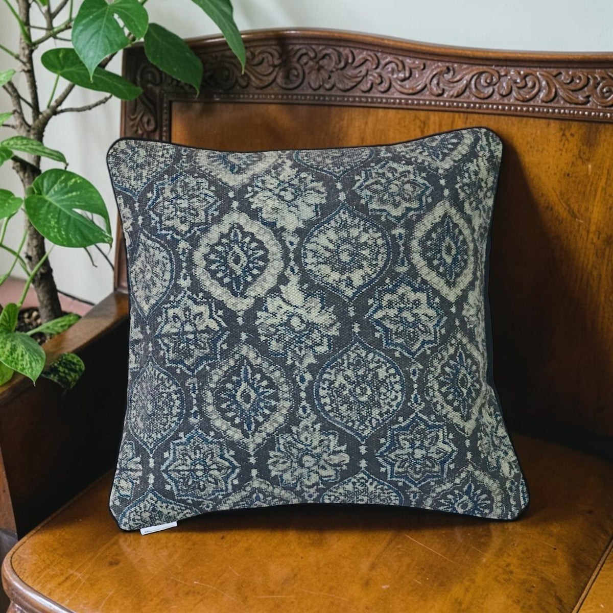 Black Ajrakh Block Printed Dhurrie Cushion Cover