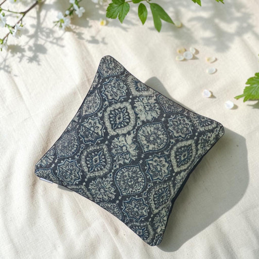 Black Ajrakh Block Printed Dhurrie Cushion Cover