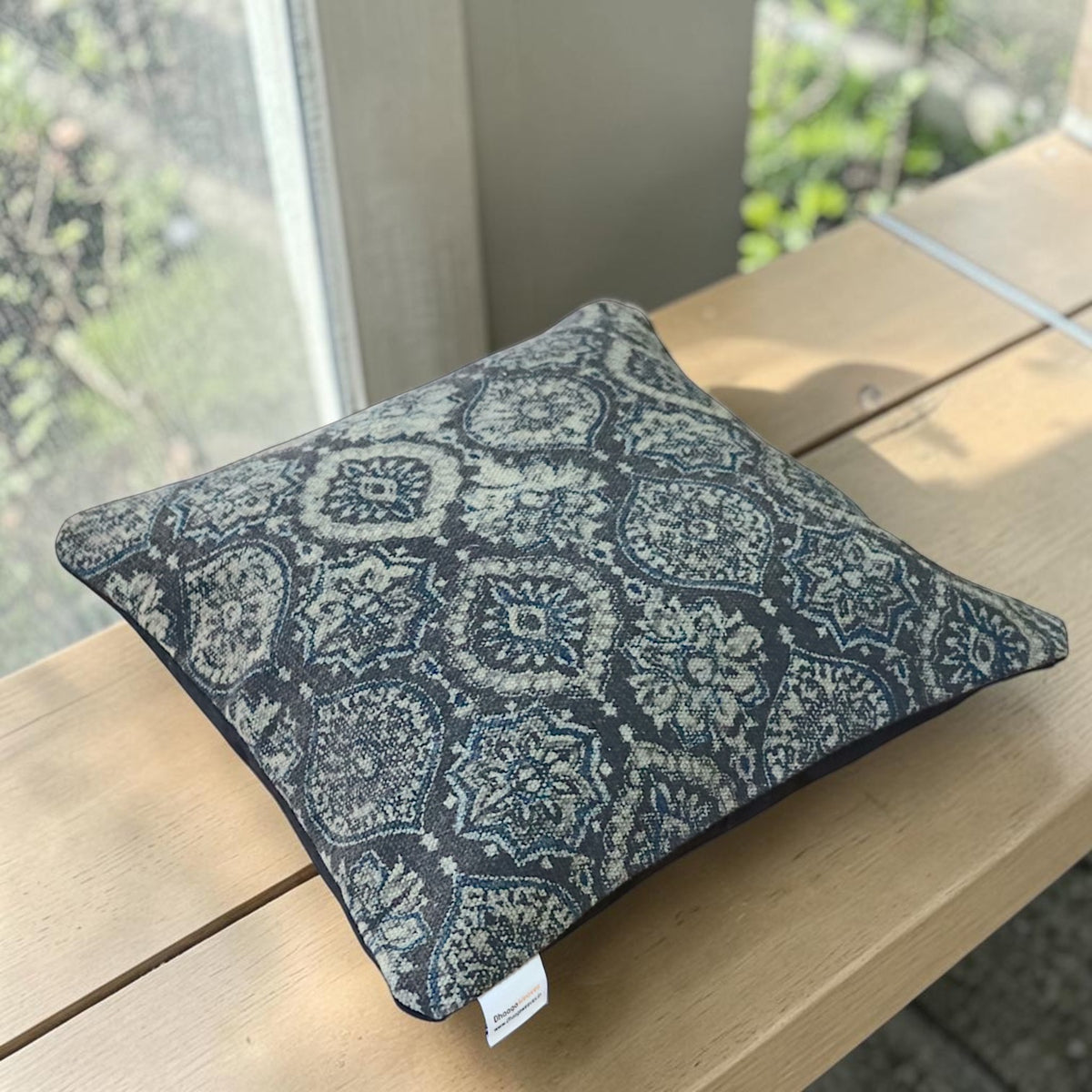 Black Ajrakh Block Printed Dhurrie Cushion Cover