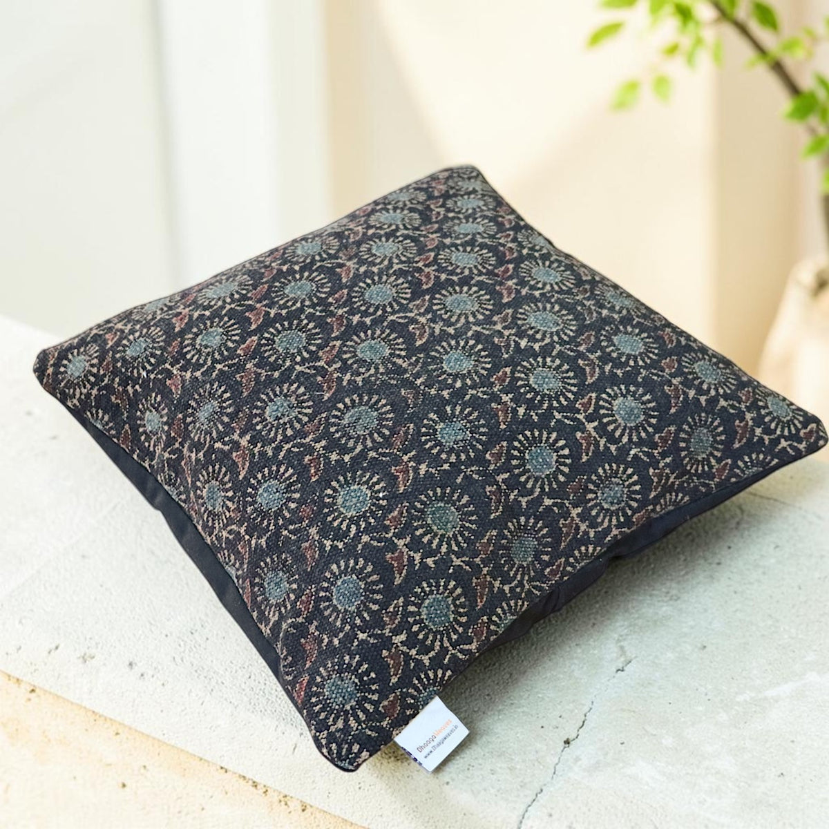 Black Indigo Ajrakh Dhurrie Cushion Cover