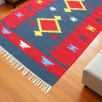 Grey red Woven Cotton Dhurrie