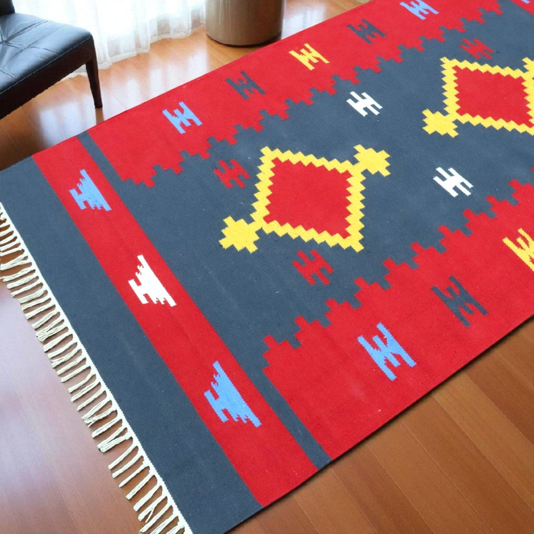 Grey red Woven Cotton Dhurrie