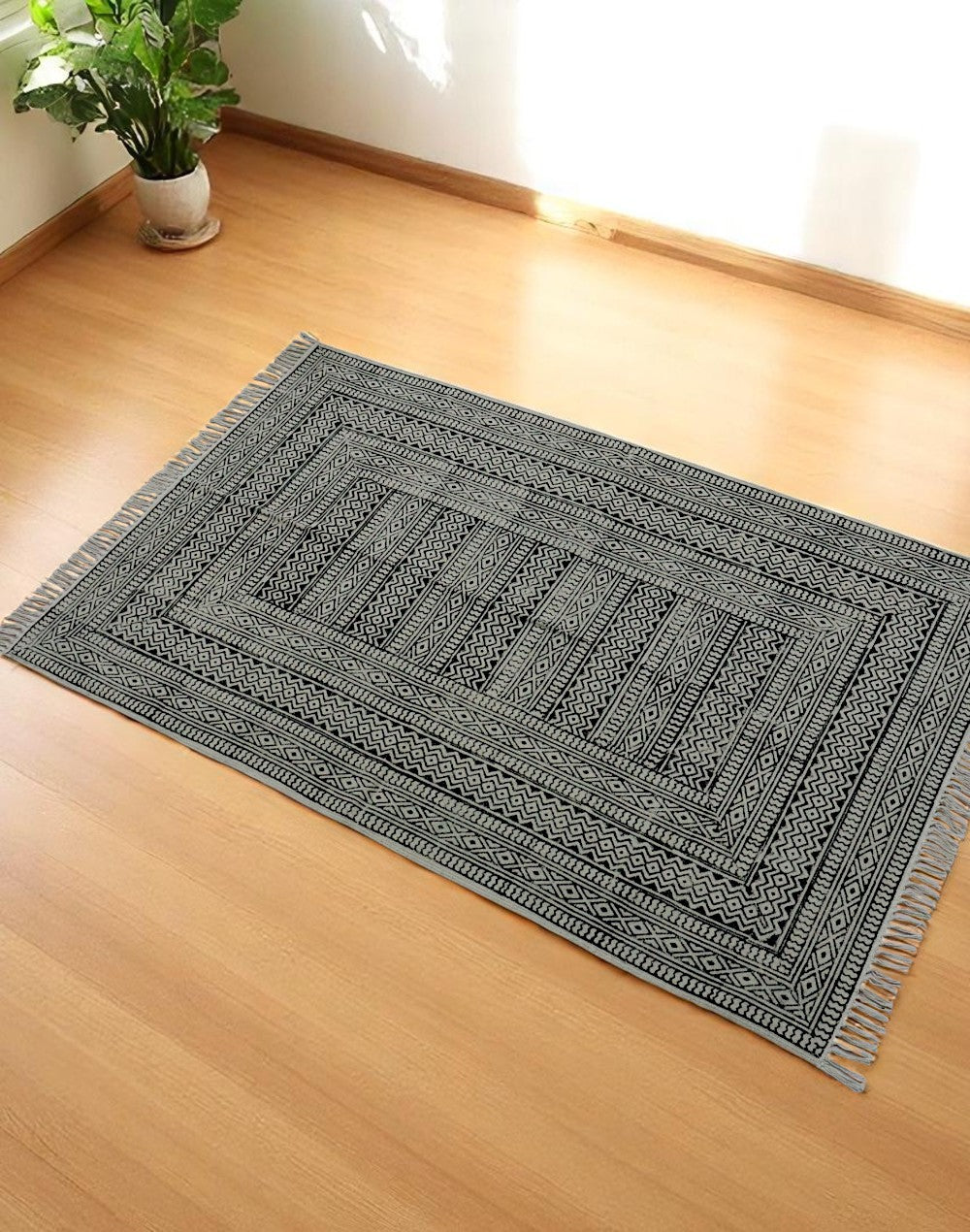 Block Printed Cotton Woven Black Dhurrie