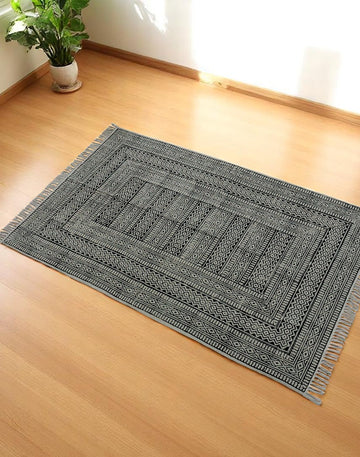 Block Printed Cotton Woven Black Dhurrie