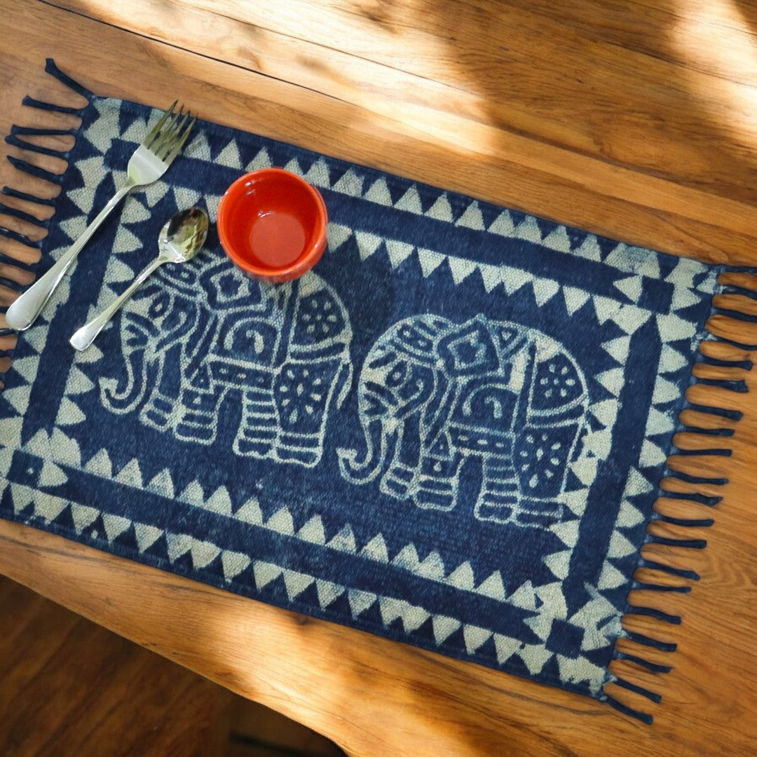 Indigo Print Dhurrie Table Mat-3(set of 4 & set of 6)