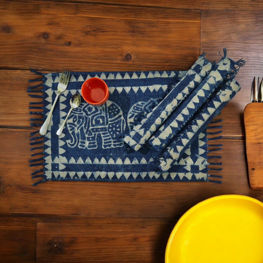 Indigo Print Dhurrie Table Mat-3(set of 4 & set of 6)