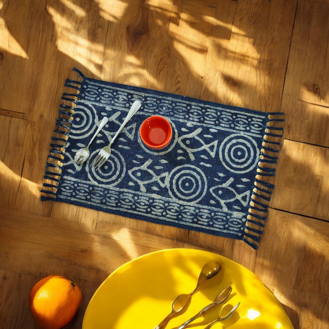 Indigo Print Dhurrie Table Mat-4(set of 4 & set of 6)