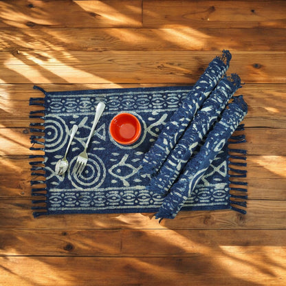 Indigo Print Dhurrie Table Mat-4(set of 4 & set of 6)