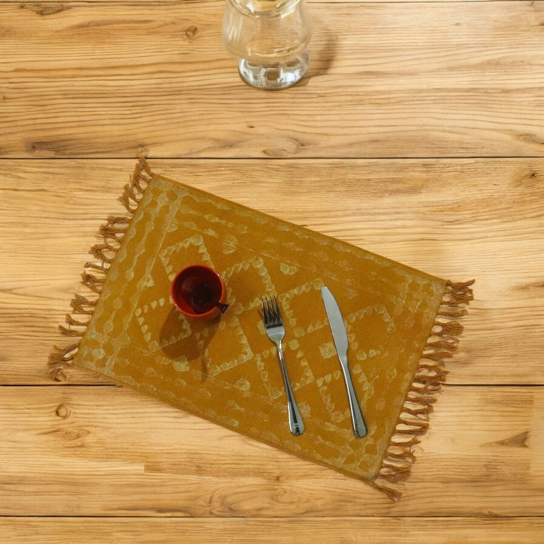 Dabu Printed Dhurrie Table Mat Ocra1(Set of 4 & set of 6)