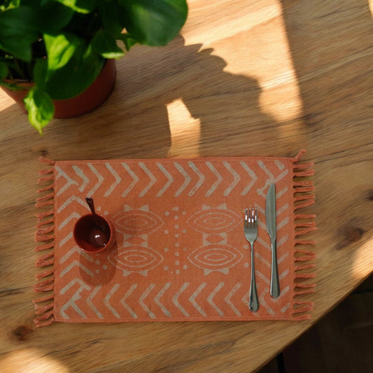 Dabu Printed Dhurrie Table Mats L Orenge-1(Set of 4 & set of 6)