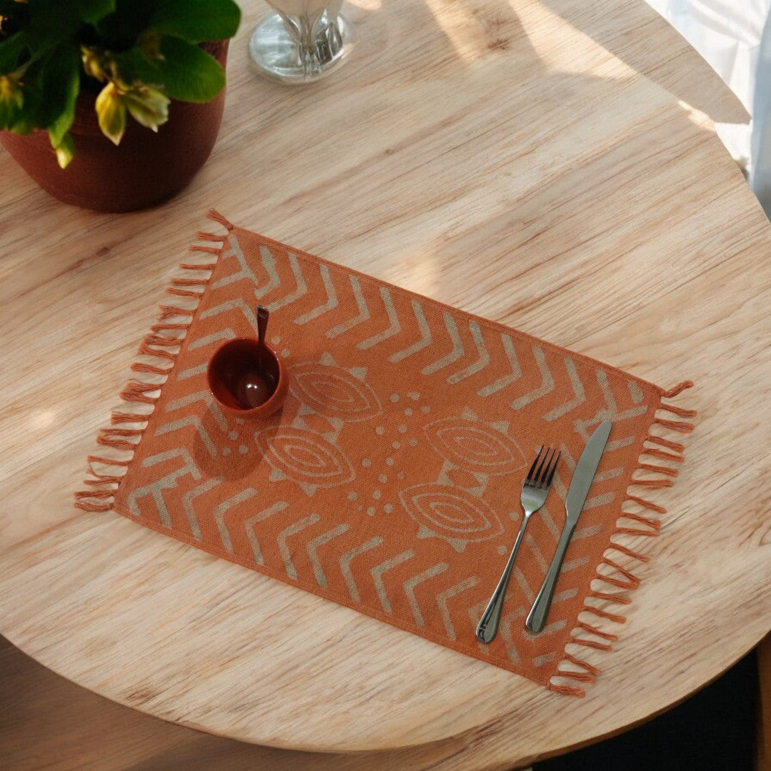 Dabu Printed Dhurrie Table Mats L Orenge-1(Set of 4)