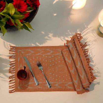 Dabu Printed Dhurrie Table Mats L Orenge 2( Set of 4 & set of 6)
