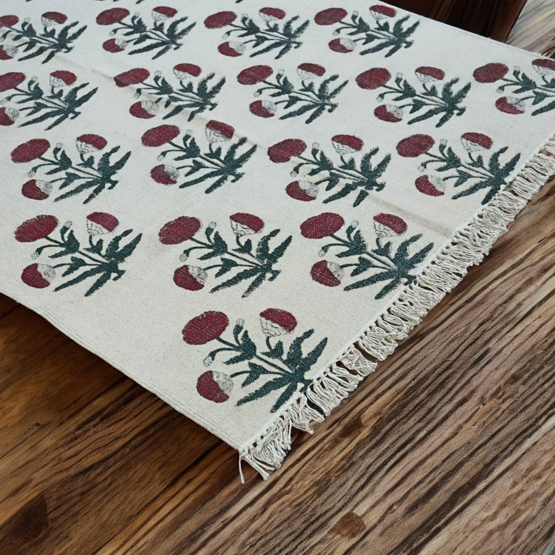 Mari-Gold block Printed Cotton Dhurrie