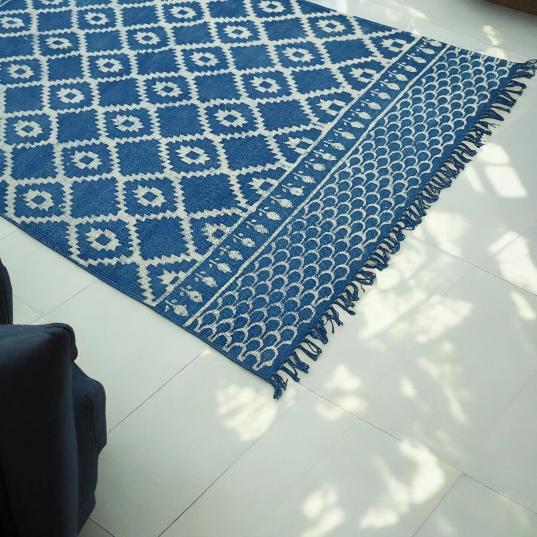 Blue Indigo Ruma Cotton Woven Printed Dhurrie