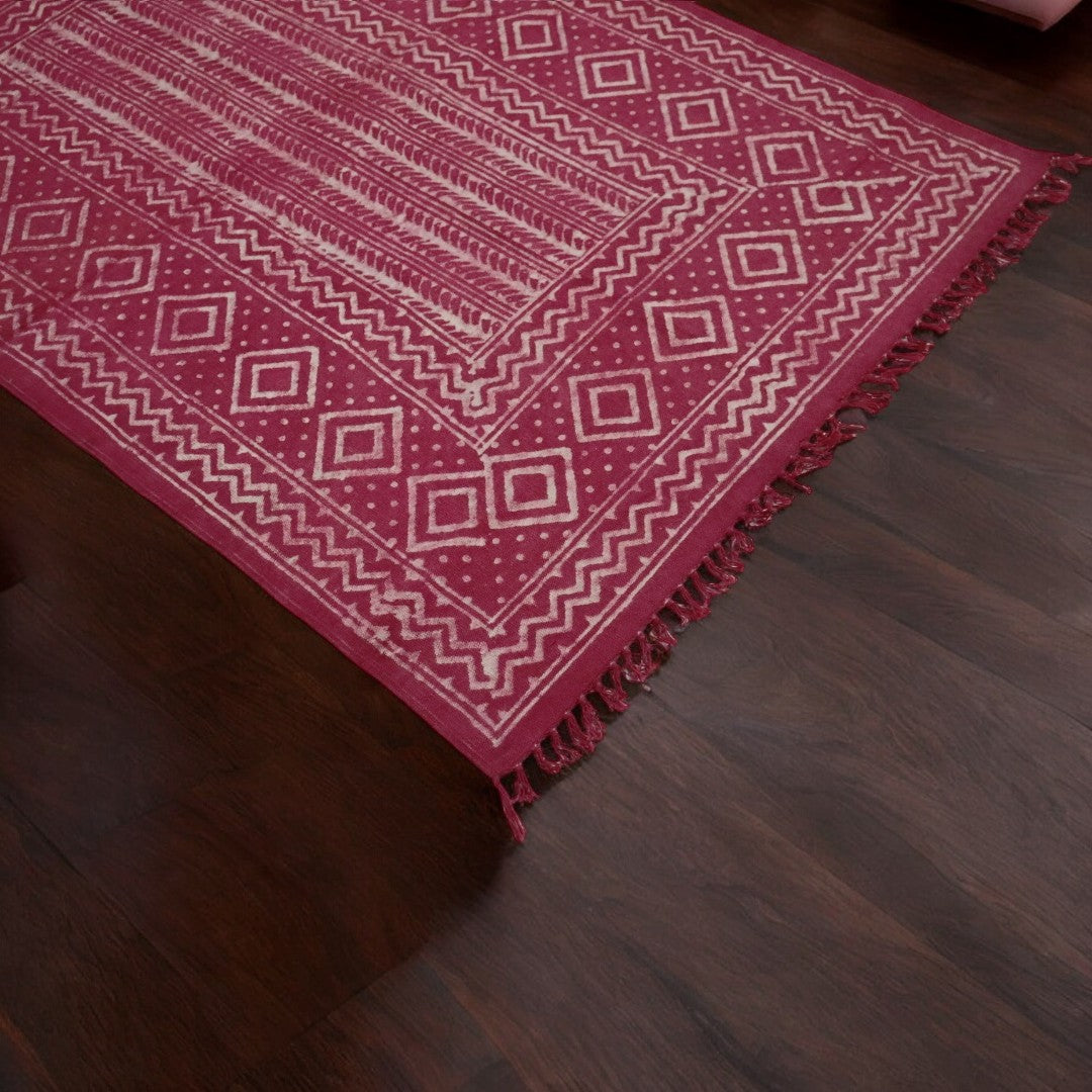 Fushia Kaira Cotton Woven Dabu Printed Dhurrie