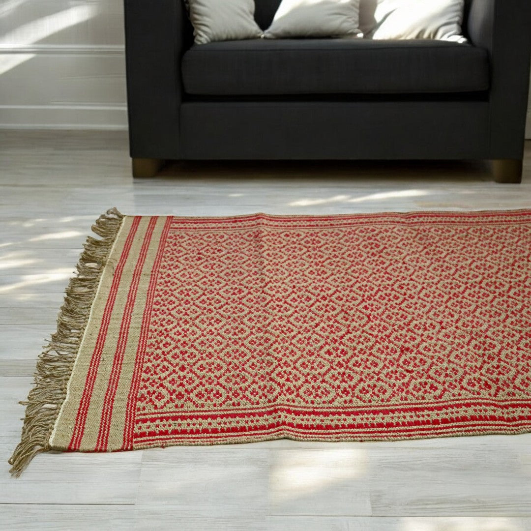 Jute & Cotton Red Handwoven Dhurrie - 3X5 Feet