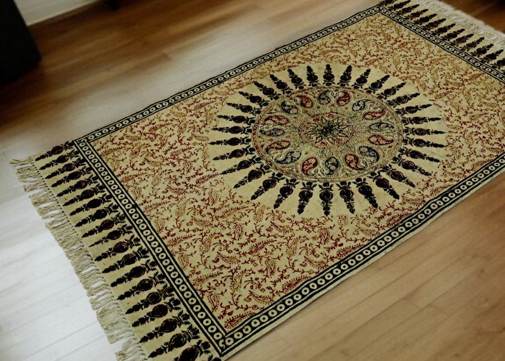 Diya Woven Cotton Kalamkari Printed Dhurrie