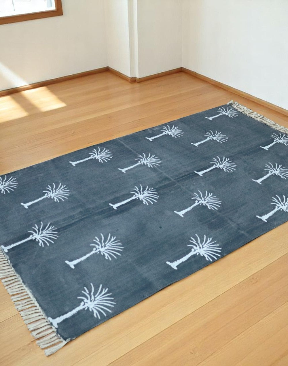 Block Printed Grey Cotton Dhurrie