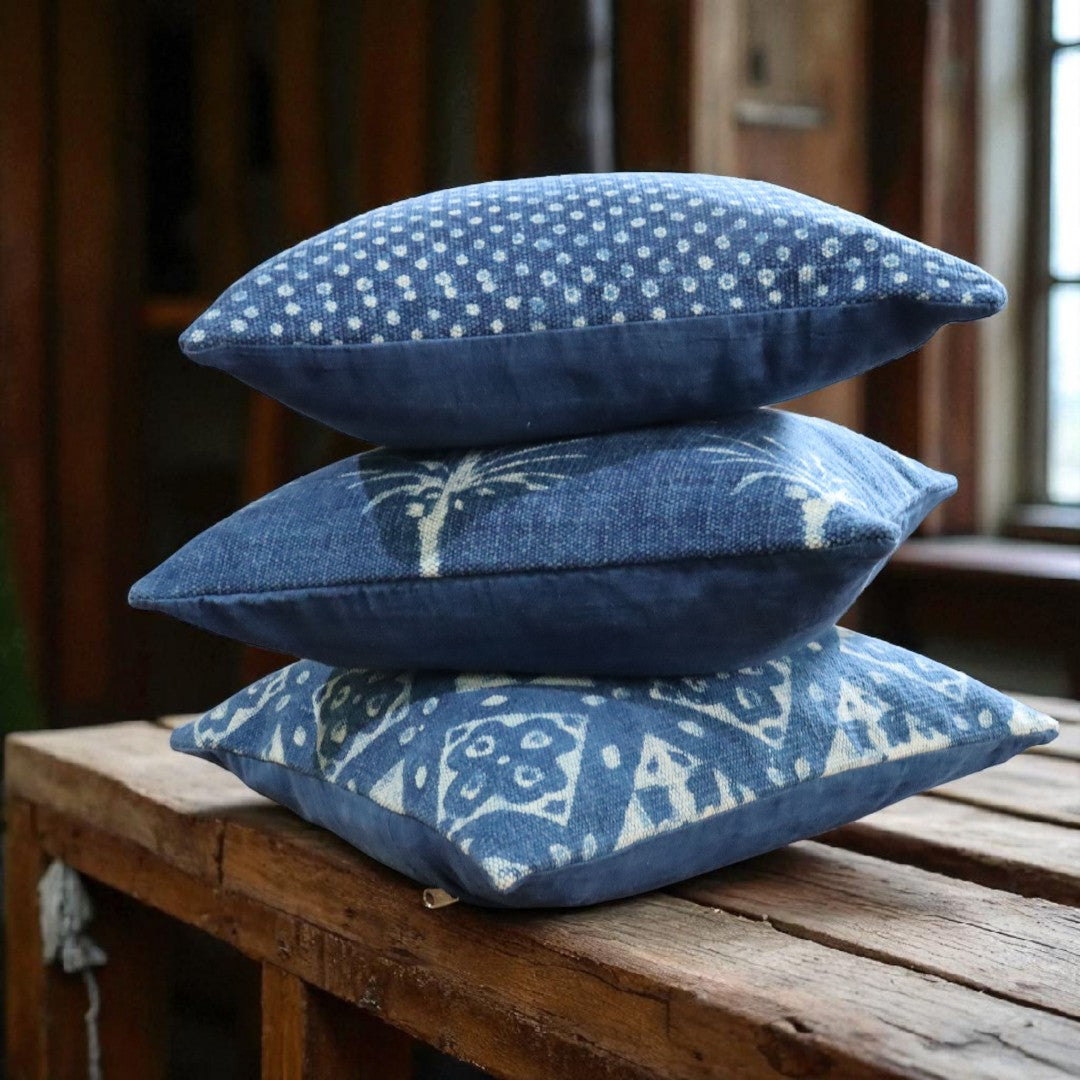 Palm Tree Indigo Dabu Dhurrie Cushion Cover
