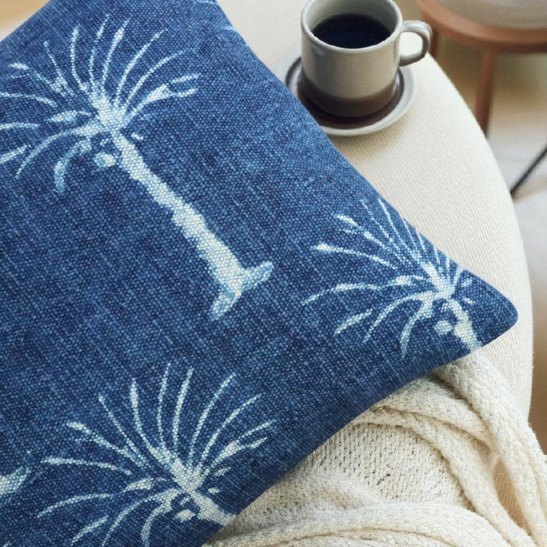 Palm Tree Indigo Dabu Dhurrie Cushion Cover