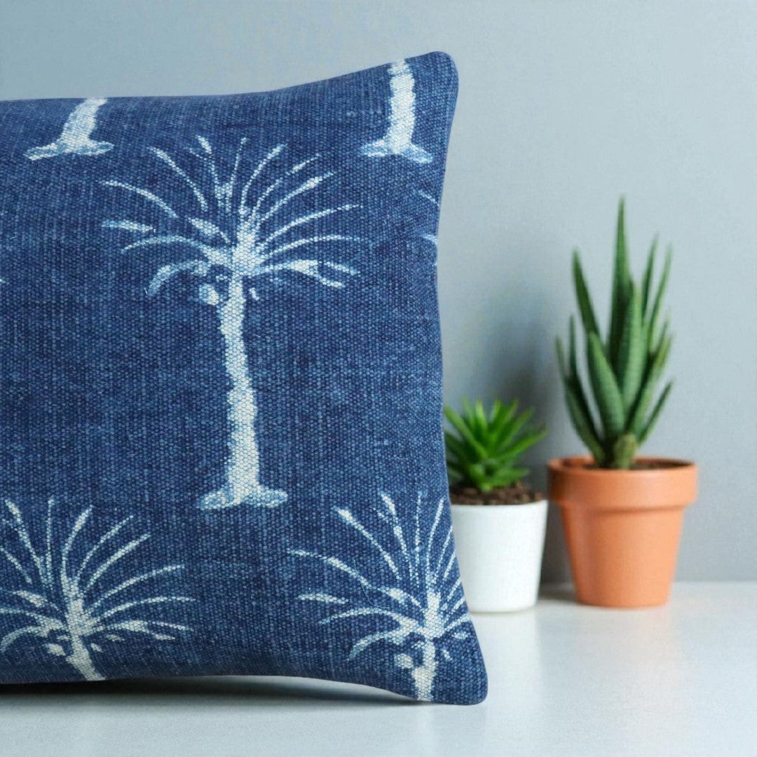 Palm Tree Indigo Dabu Dhurrie Cushion Cover