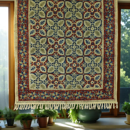 Red & Blue Chirag Kalamkari Printed Cotton Dhurrie