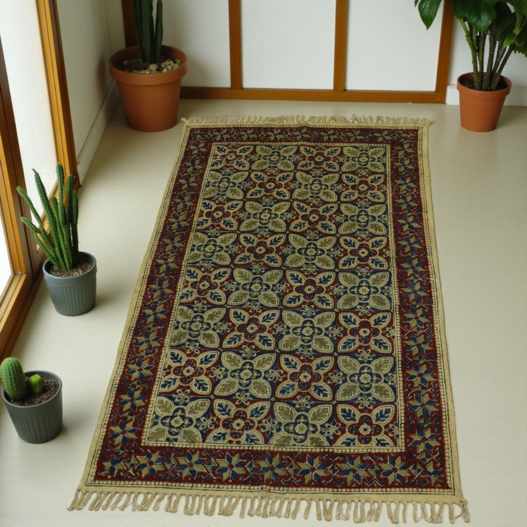 Red & Blue Chirag Kalamkari Printed Cotton Dhurrie