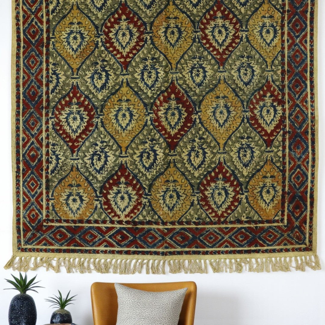 Green Red  Kamya Kalamkari Printed Cotton Dhurrie