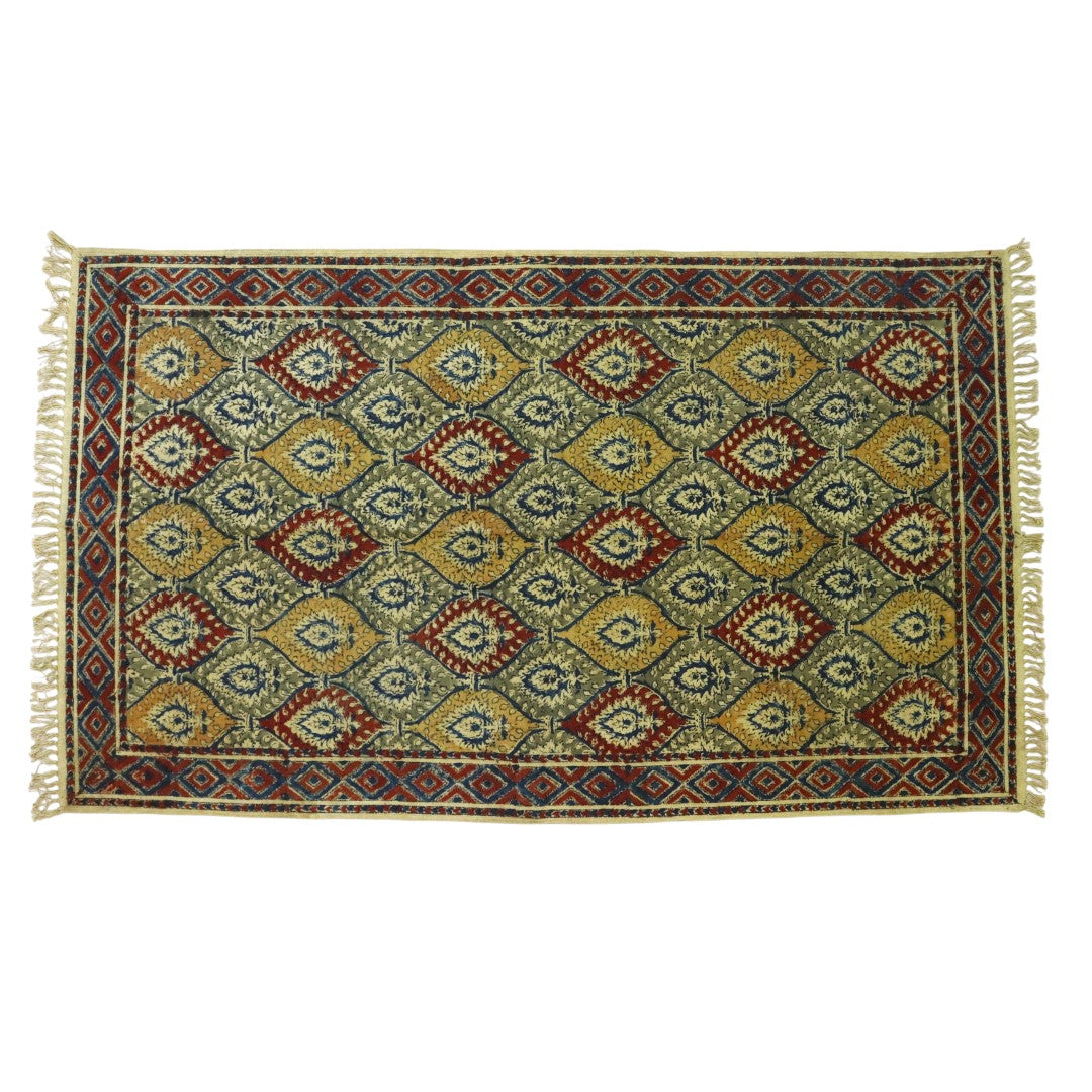 Green Red  Kamya Kalamkari Printed Cotton Dhurrie