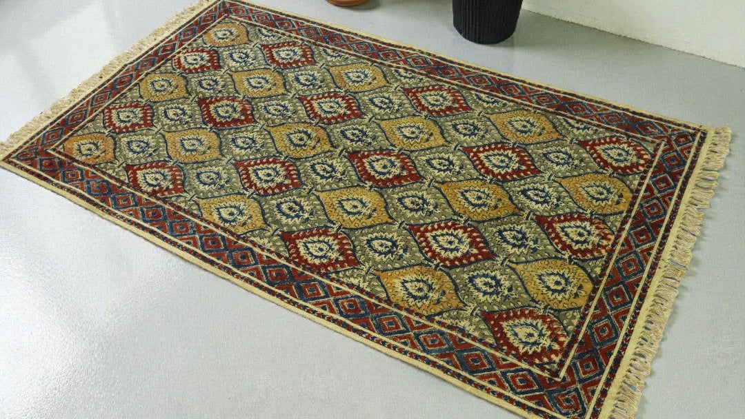 Green Red  Kamya Kalamkari Printed Cotton Dhurrie