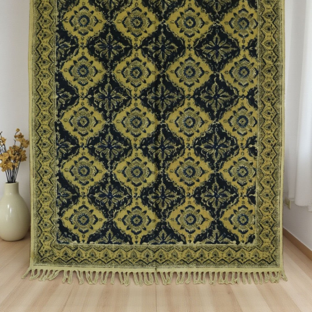 Black Aroh Kalmkari Printed Cotton Dhurrie