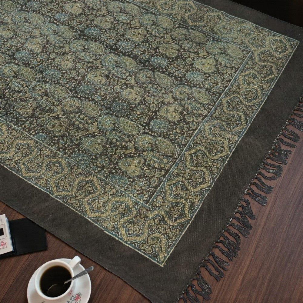 Floral Green Ajrakh Block Printed Cotton Dhurrie