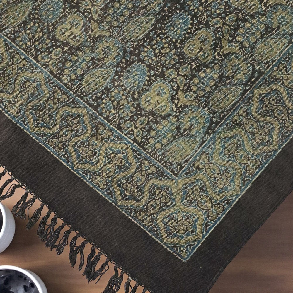 Floral Green Ajrakh Block Printed Cotton Dhurrie