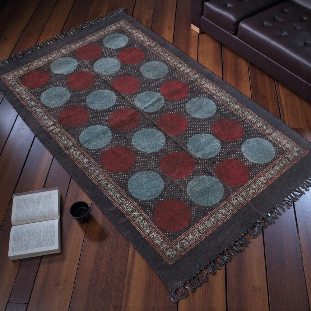 Polka Dot Red Ajrakh Block Printed Cotton Dhurrie