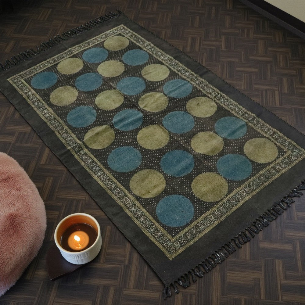 Polka Dot Ajrakh Cotton Woven Block Printed Dhurrie