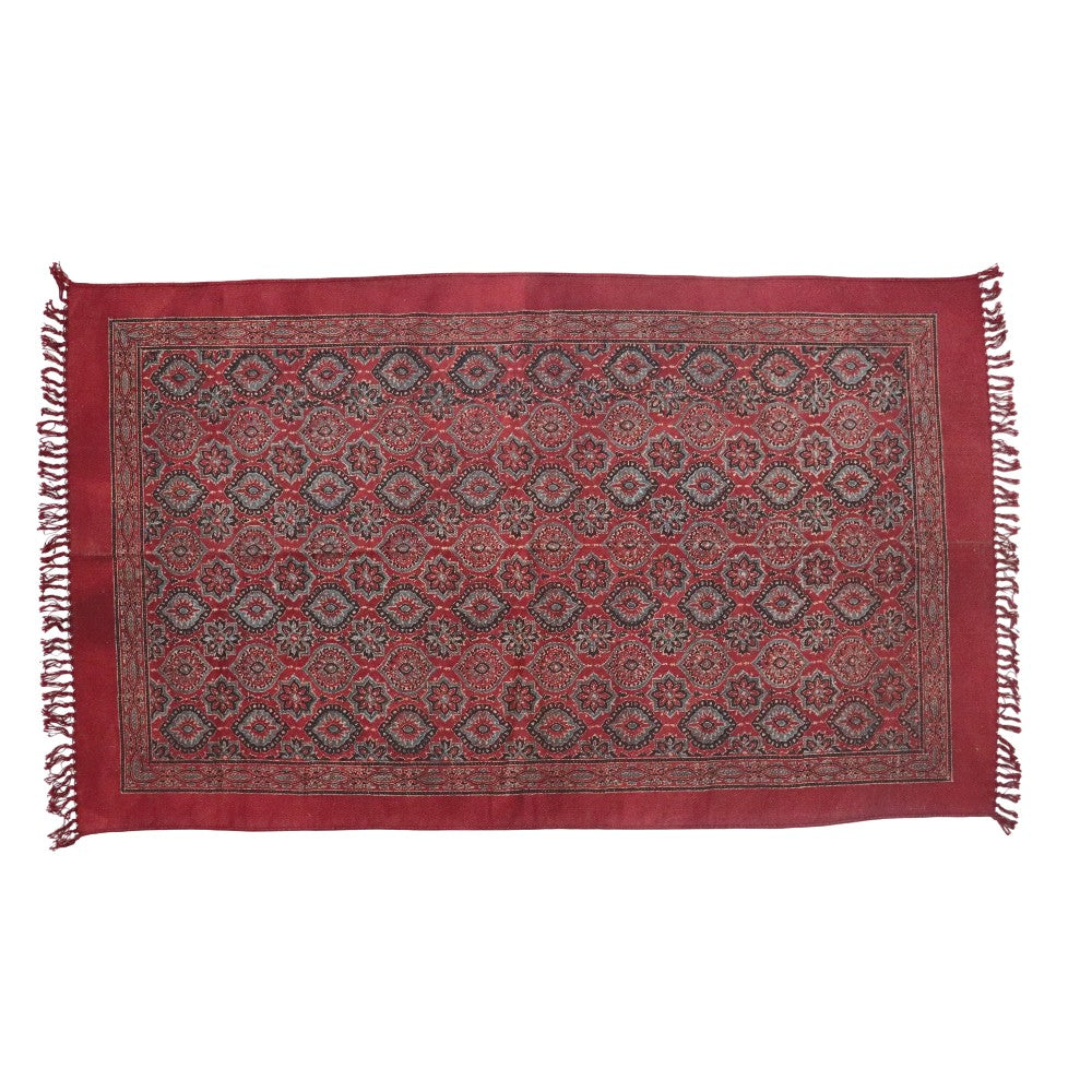 Red Ajrakh Cotton Woven Block Printed Dhurrie