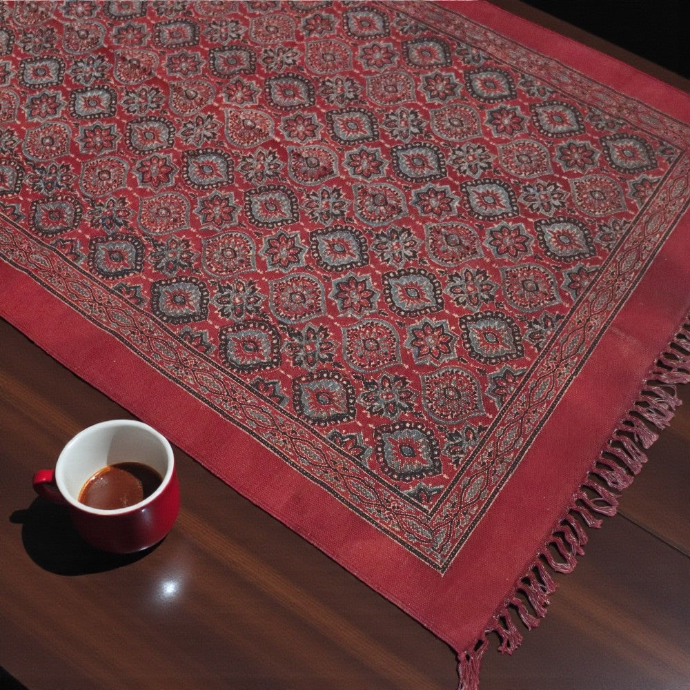 Red Ajrakh Cotton Woven Block Printed Dhurrie