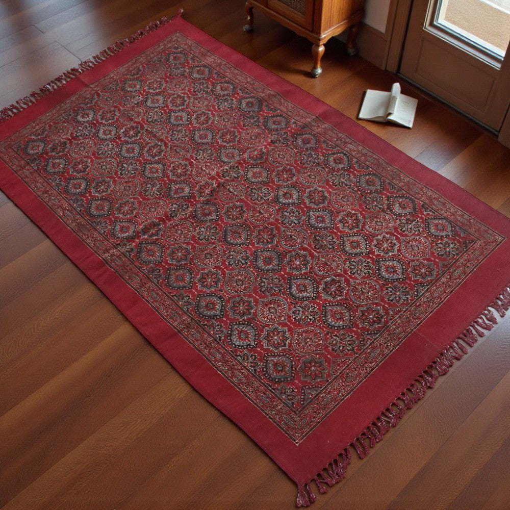 Red Ajrakh Cotton Woven Block Printed Dhurrie