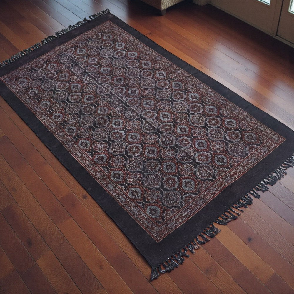 Black Ajrakh Block Printed Cotton Dhurrie