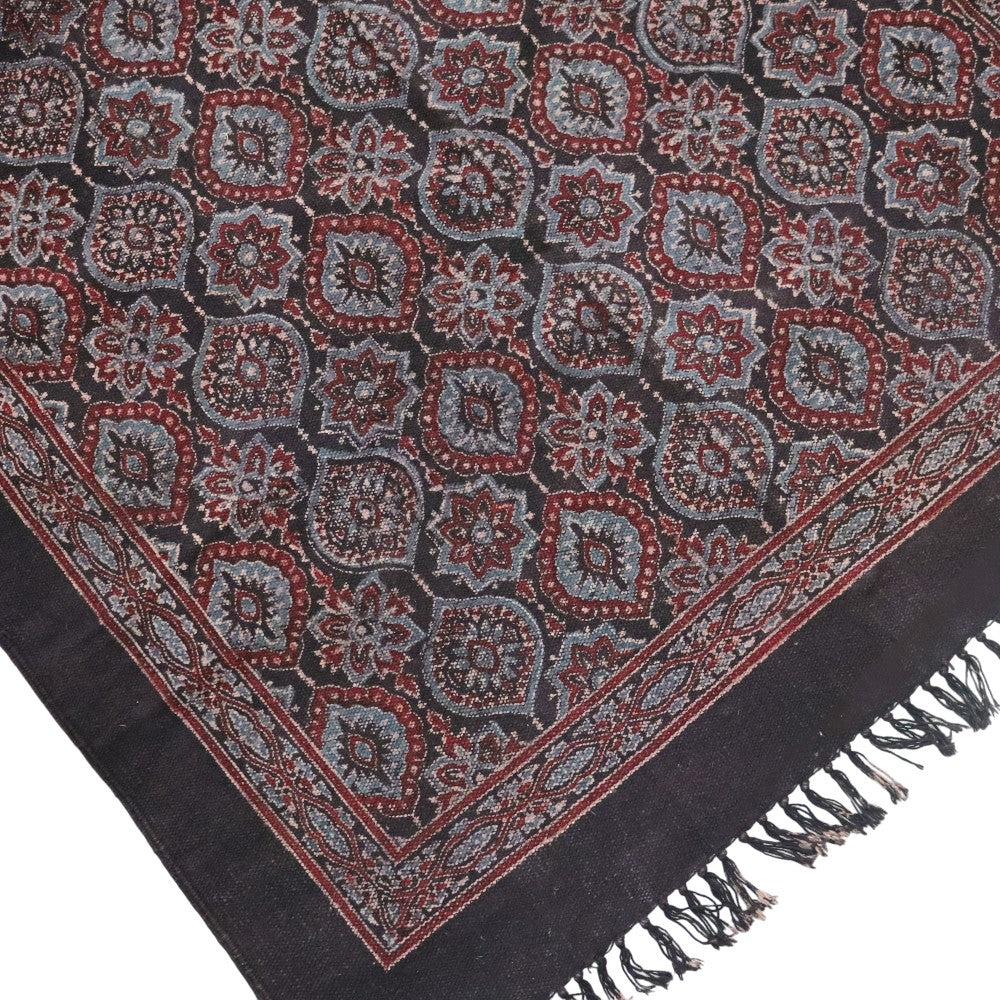 Black Ajrakh Block Printed Cotton Dhurrie
