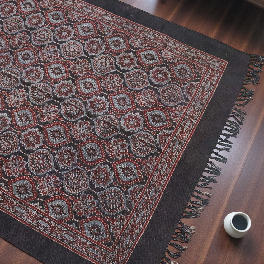 Black Ajrakh Block Printed Cotton Dhurrie