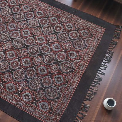 Black Ajrakh Block Printed Cotton Dhurrie