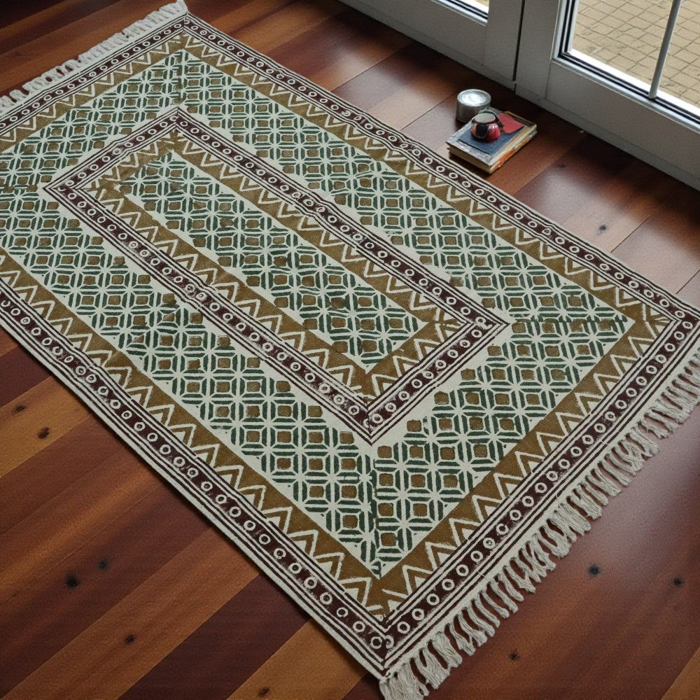 Block Printed Ocra Green Cotton Dhurrie